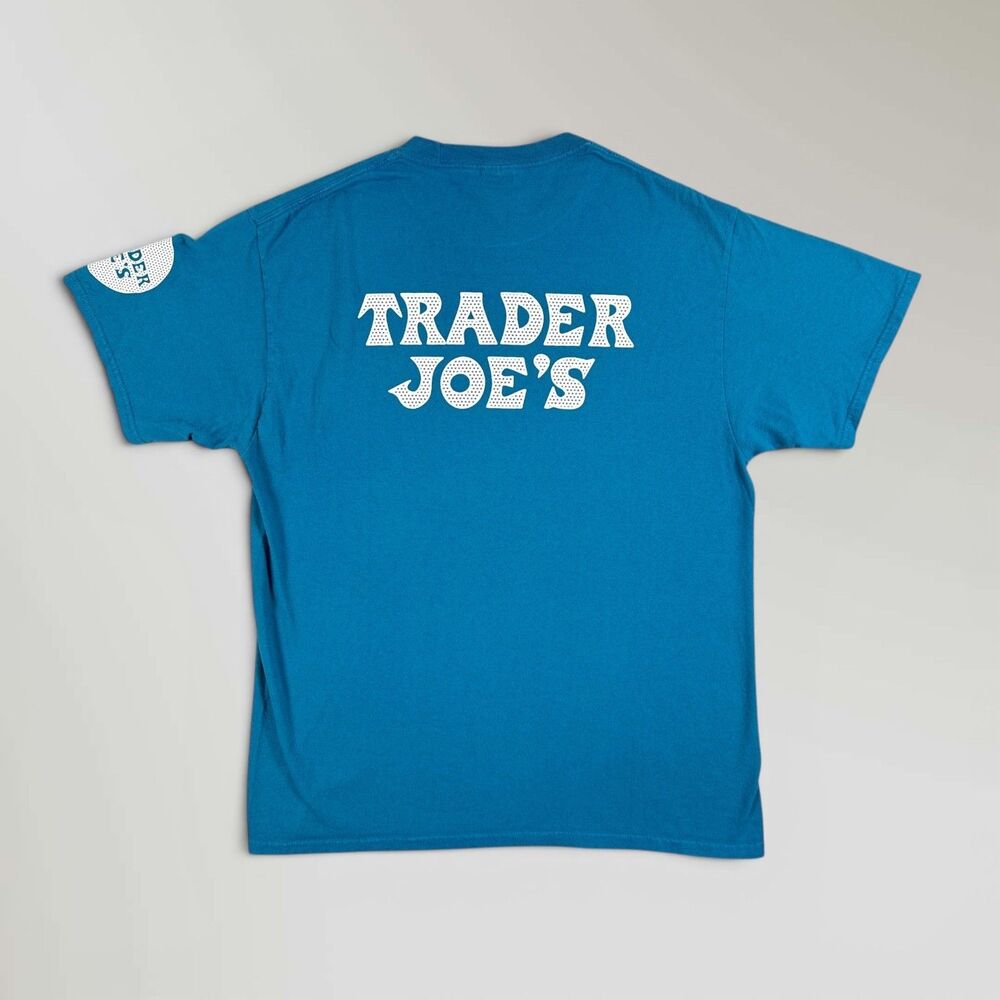 Trader Joe's T-Shirt Short Sleeve Employee Crew Tee Turquoise Blue Size Large